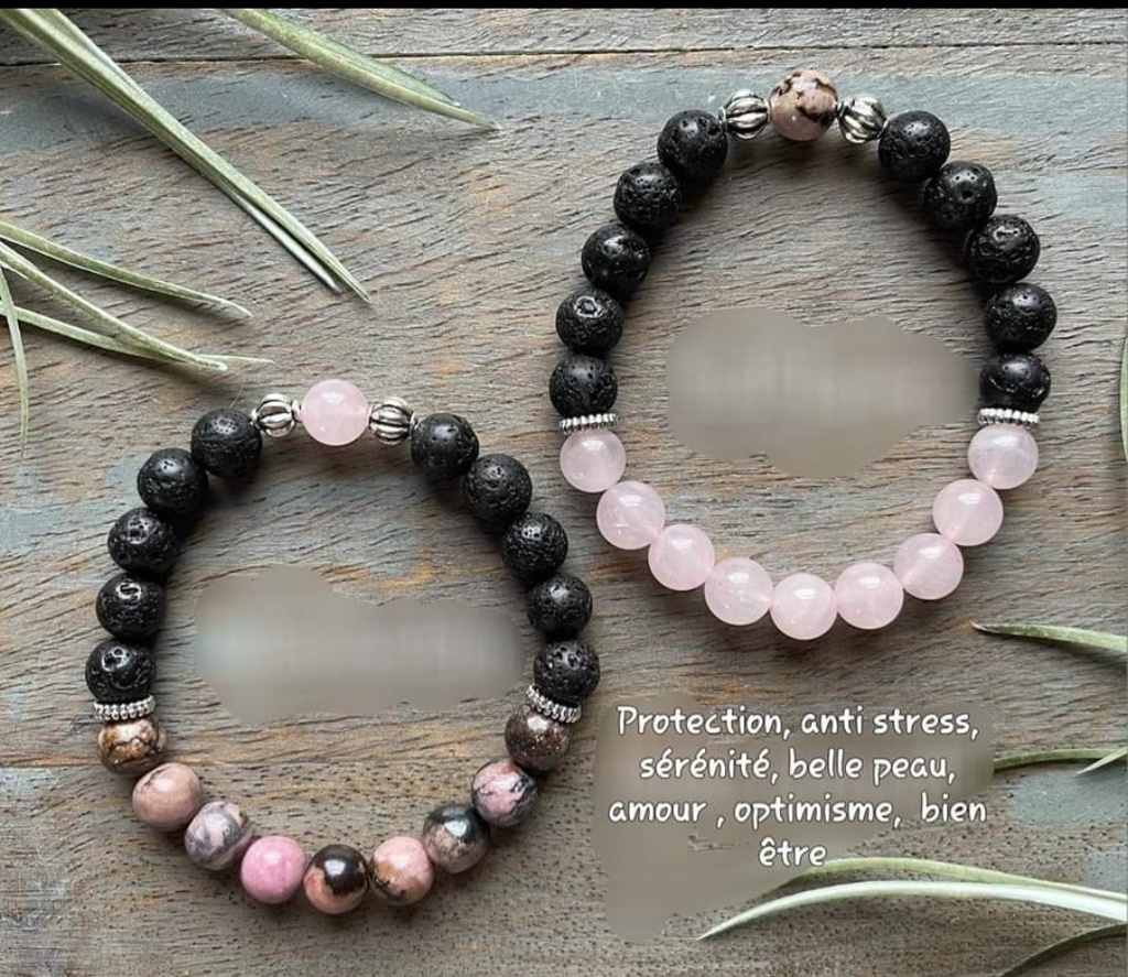 Bracelet "amour & antistress" quartz rose / lave ou rhodonite / lave